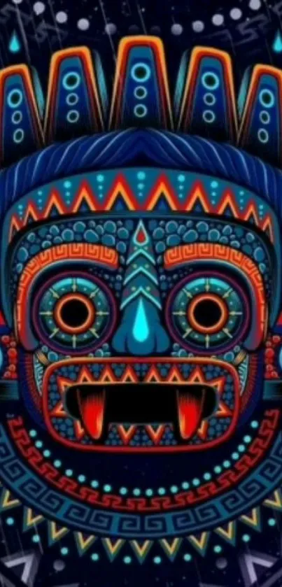 Vibrant tribal mask art wallpaper with intricate patterns and dark blue tones.