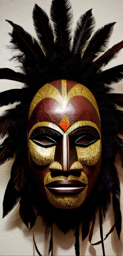 Tribal mask with feathers on a dark background.