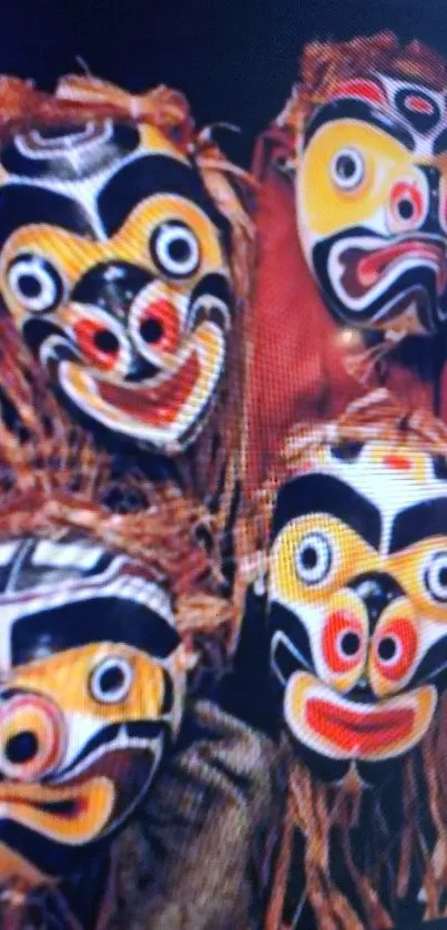 Colorful tribal masks on a black background.