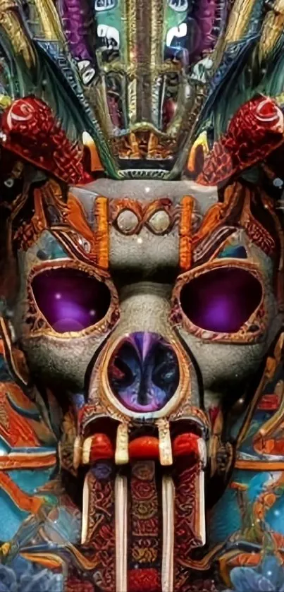 Vibrant tribal mask with teal and bold details.