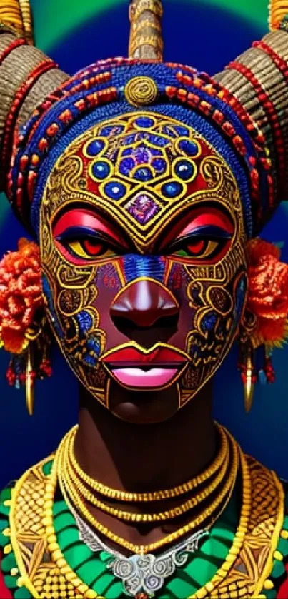 Vibrant tribal mask with rich colors and cultural elements on a mobile wallpaper.