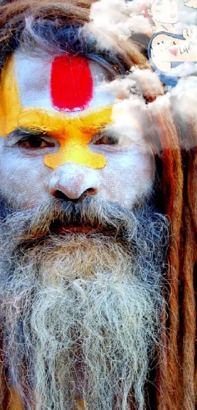 Vibrant tribal portrait with face paint and dreadlocks.