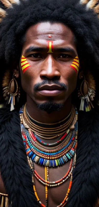 Portrait of a man in traditional tribal attire with vibrant colors.