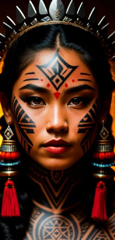 Intricate tribal face art with vibrant orange background.