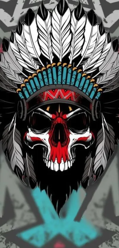 Colorful tribal skull wallpaper with feathers and bold patterns.