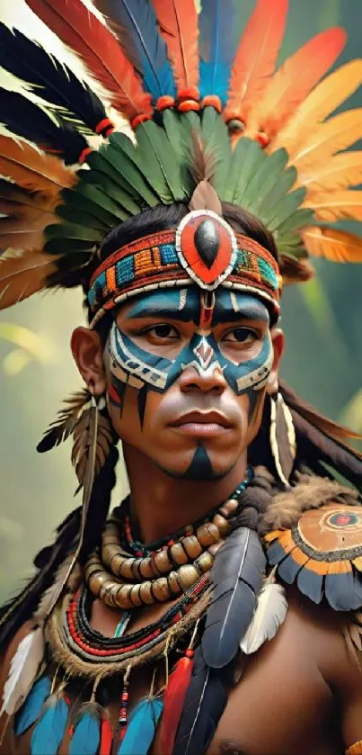 Colorful tribal warrior with face paint and feathers.