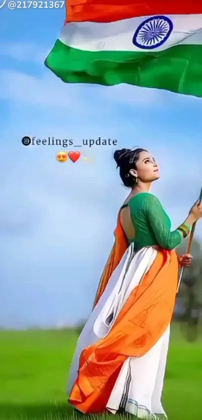 Woman holding Indian flag under blue sky.