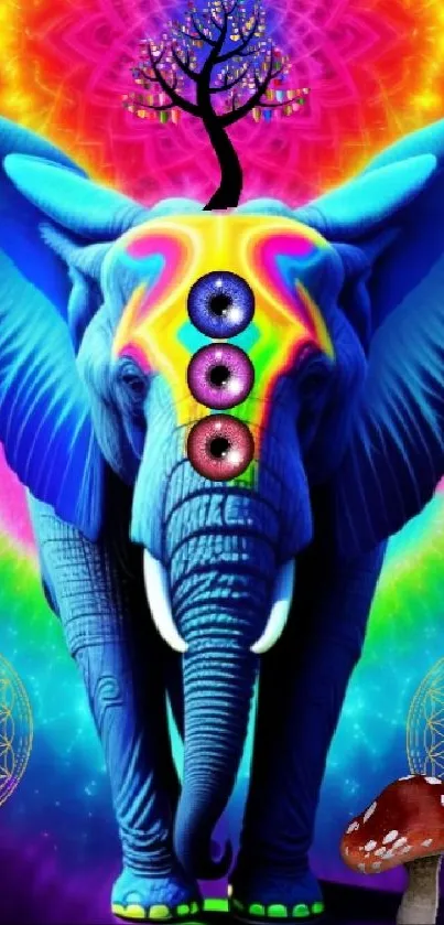 Vibrant psychedelic elephant wallpaper with colorful cosmic art.