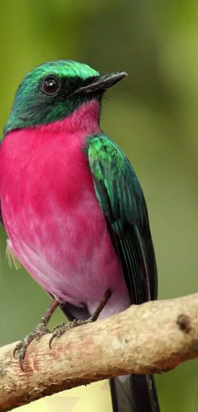 Trogon bird with vibrant green and pink feathers perched on a branch.