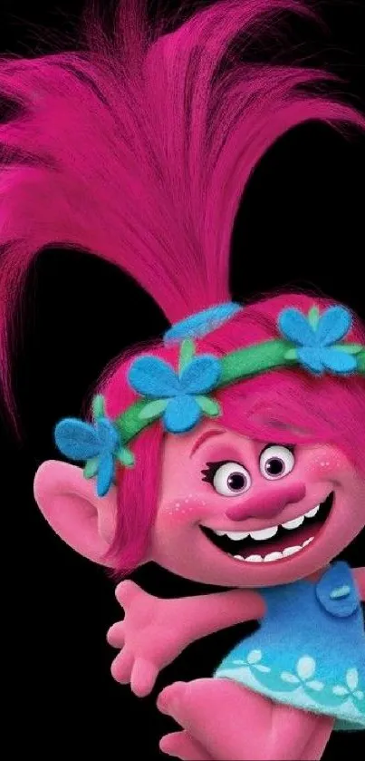 Colorful troll character with bright pink hair on a mobile wallpaper.