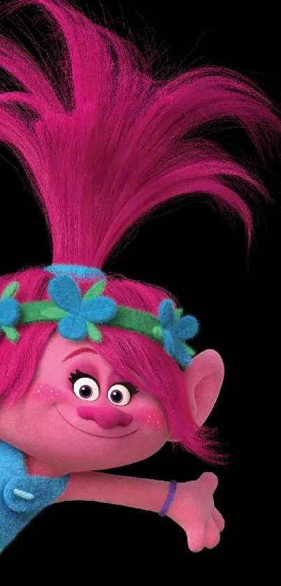 Vibrant pink-haired Troll character on black background.