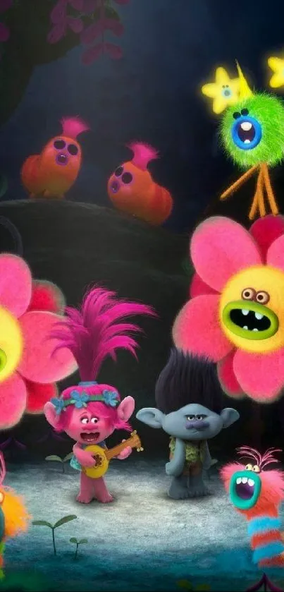 Colorful Trolls characters amid bright flowers.