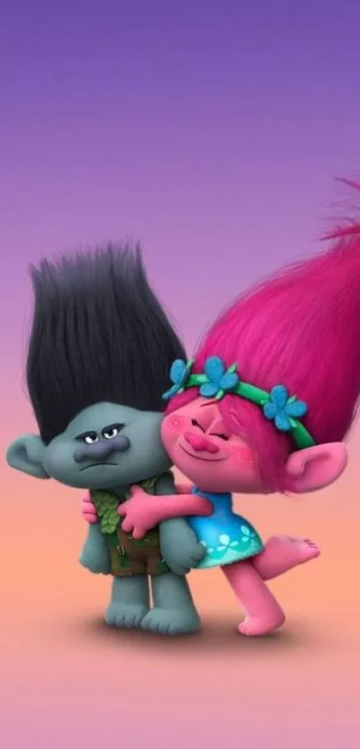 Animated trolls hugging on a colorful gradient background.