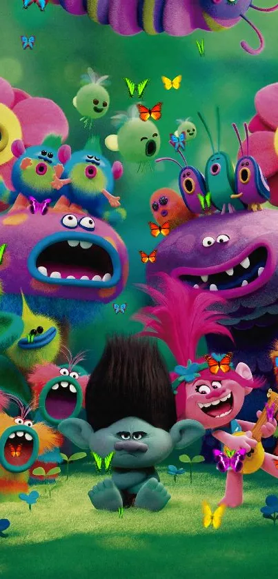 Colorful Trolls characters in vibrant nature scene