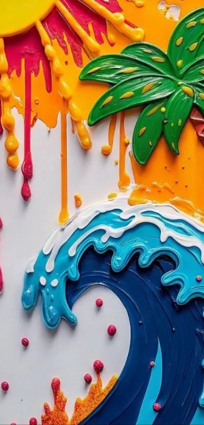 Vibrant tropical art with sun, palm tree, and ocean wave.