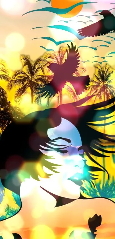 Colorful tropical artwork with woman, birds, and sunset palms.