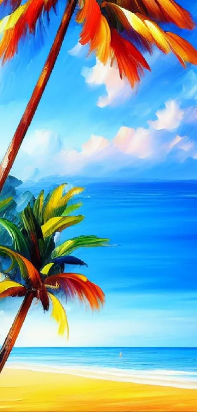 Vibrant tropical beach with palm trees and blue sky.