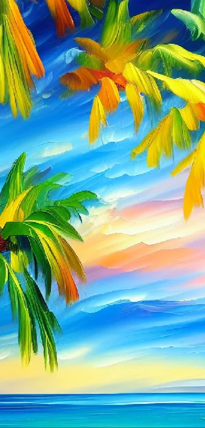 Colorful tropical beach wallpaper with vibrant palm trees.