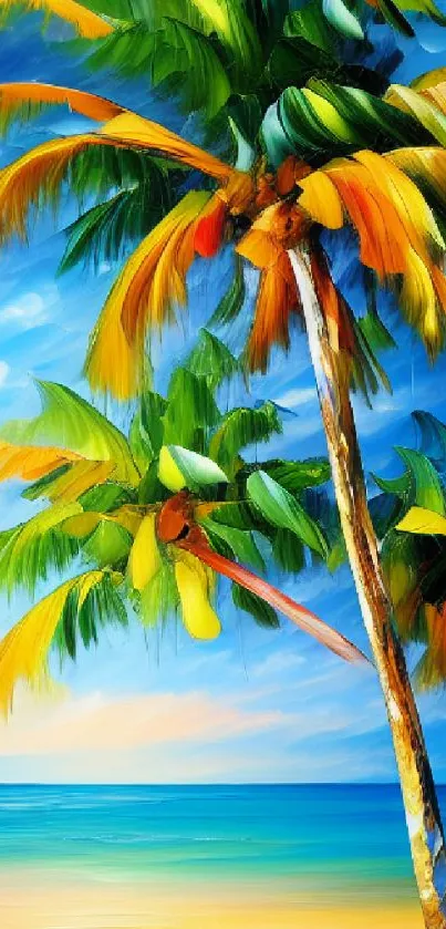 Vibrant tropical beach with colorful palm trees under a blue sky.