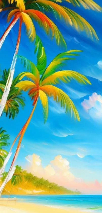 Vibrant tropical beach artwork with palm trees and blue sky.