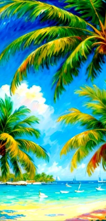 Vibrant tropical beach with palm trees and a clear blue sea.