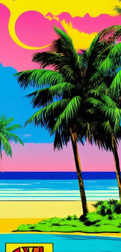 Vibrant tropical beach scene with palm trees and sunset.