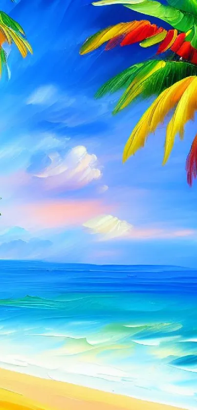 Vibrant tropical beach art with colorful palms and ocean.