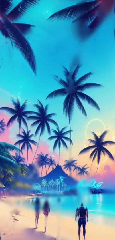 Tropical beach wallpaper with palm trees and sunset hues.