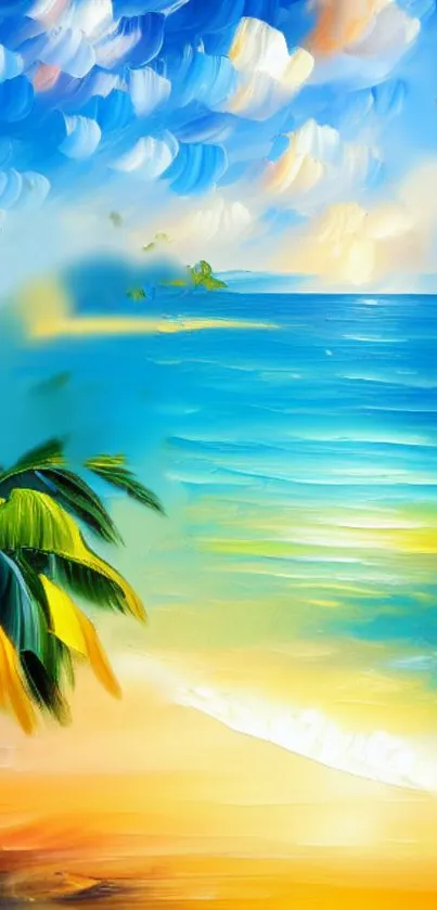 Vibrant tropical beach with palm trees and blue ocean.