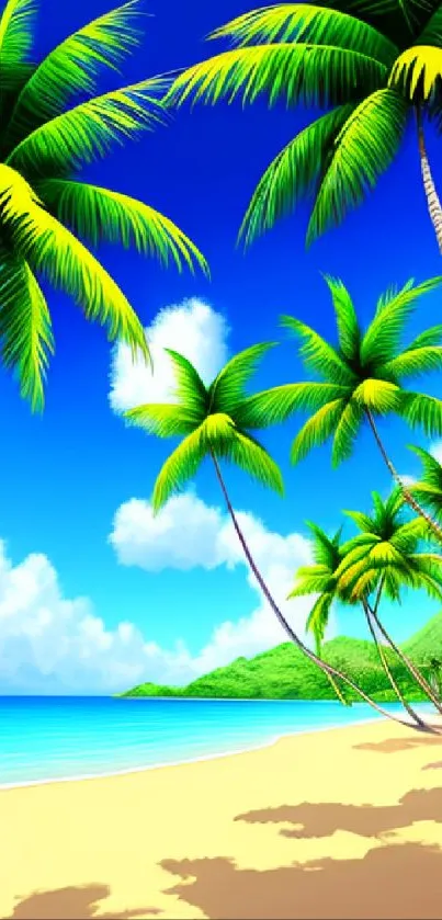 Tropical beach with palm trees under a clear blue sky.