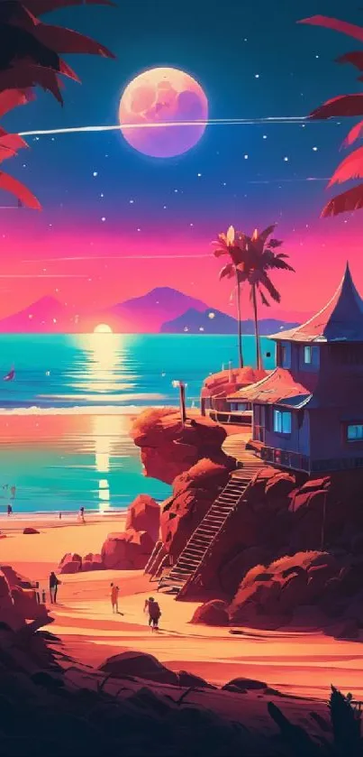 Vibrant sunset over tropical beach with palm trees and ocean waves.