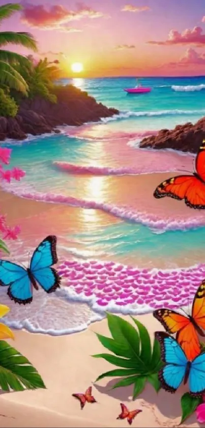 Vibrant tropical beach scene with butterflies and sunset.