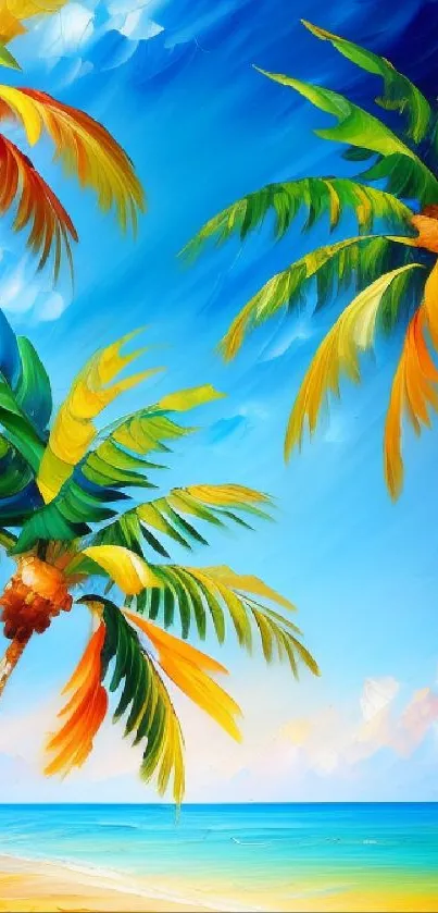 Colorful tropical beach scene with palm trees and blue sky.