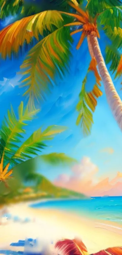 Vibrant tropical beach wallpaper with palm trees and blue ocean.