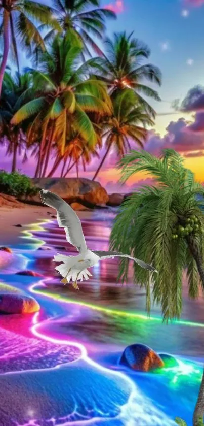 Vibrant tropical beach scene with colorful sunset and palm trees.