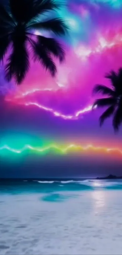 Vibrant tropical beach with neon sky and palm silhouettes.
