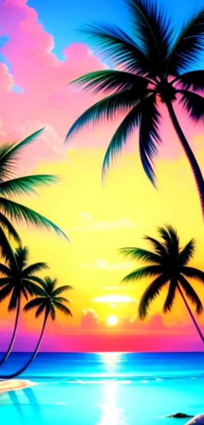 Vibrant tropical beach sunset with palm tree silhouettes and colorful sky.