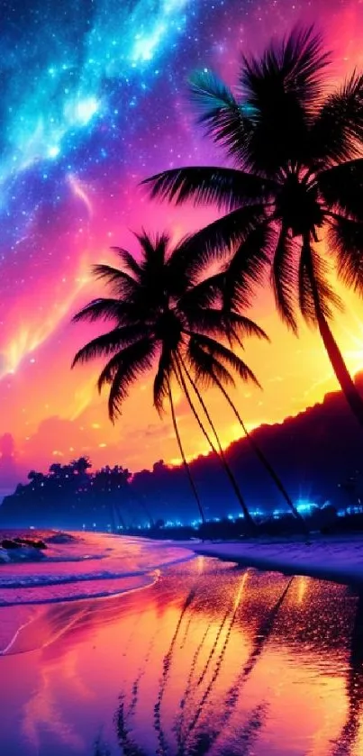 Vibrant tropical sunset with palm silhouettes on a colorful beach.