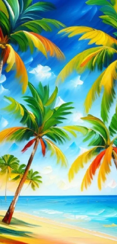 Colorful tropical beach with palm trees and blue ocean wallpaper.