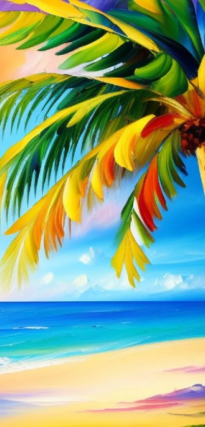 Colorful tropical beach with palm tree and ocean view.