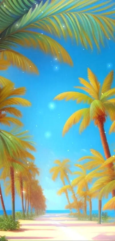 Tropical beach with palm trees under a vibrant blue sky.