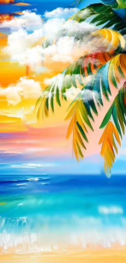 Vibrant tropical beach scene with palm leaves and sunset sky.