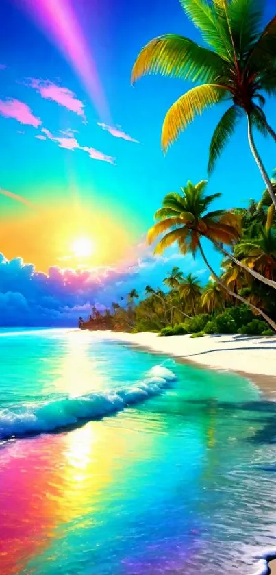 Vibrant sunset over a tropical beach with colorful water reflections and palm trees.