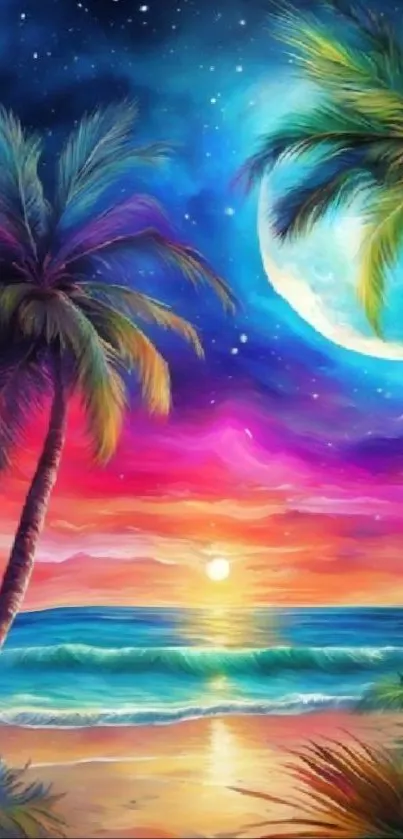 Vibrant tropical beach wallpaper with palm trees, sunset, and a colorful sky.