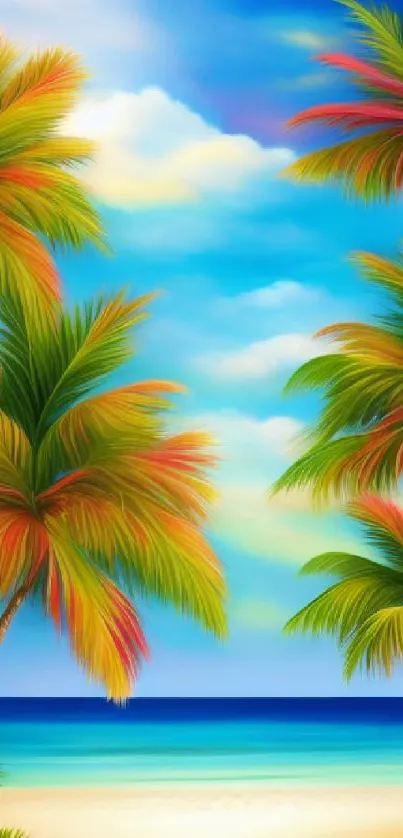 Vibrant tropical beach wallpaper with colorful palm trees and blue sky.