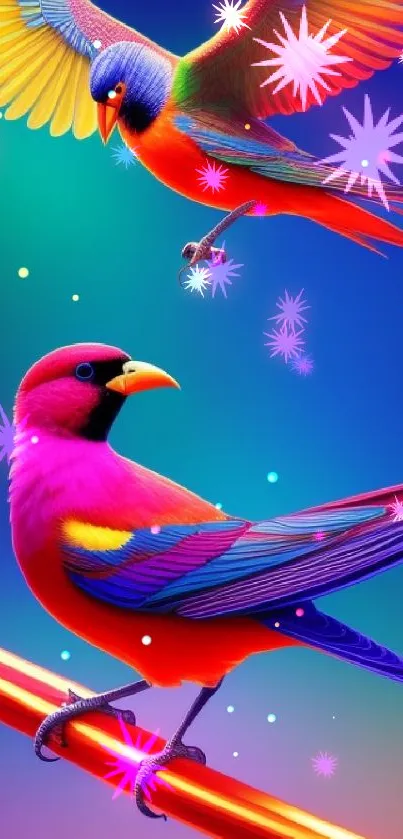 Vibrant digital artwork of colorful tropical birds.