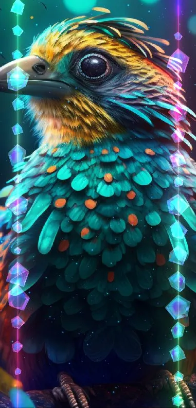 A colorful tropical bird with vibrant feathers perches in a lush jungle setting.