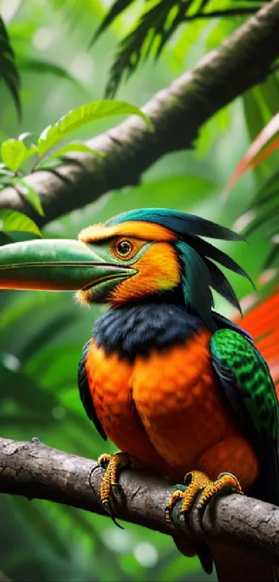 Colorful tropical bird perched in vibrant jungle scenery.