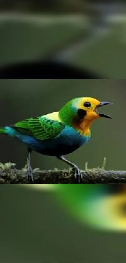 Colorful tropical bird with green and yellow feathers perched on a branch.