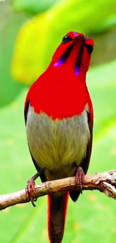 Vibrant red bird perched on a branch with green leaves background.